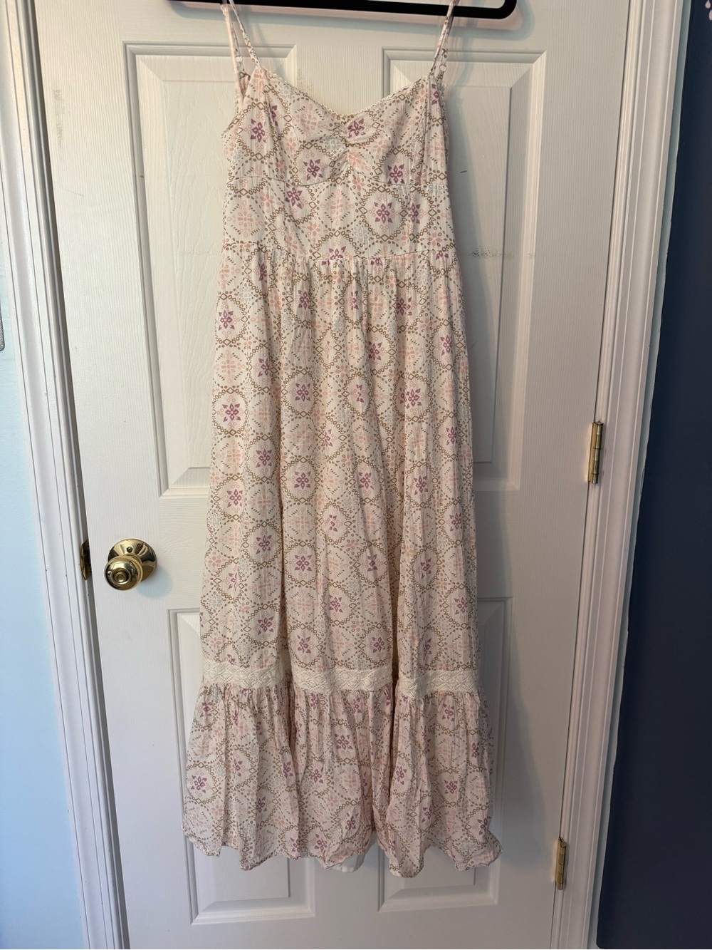 American Eagle Outfitters Cream Maxi Dress with Pink Floral Pattern